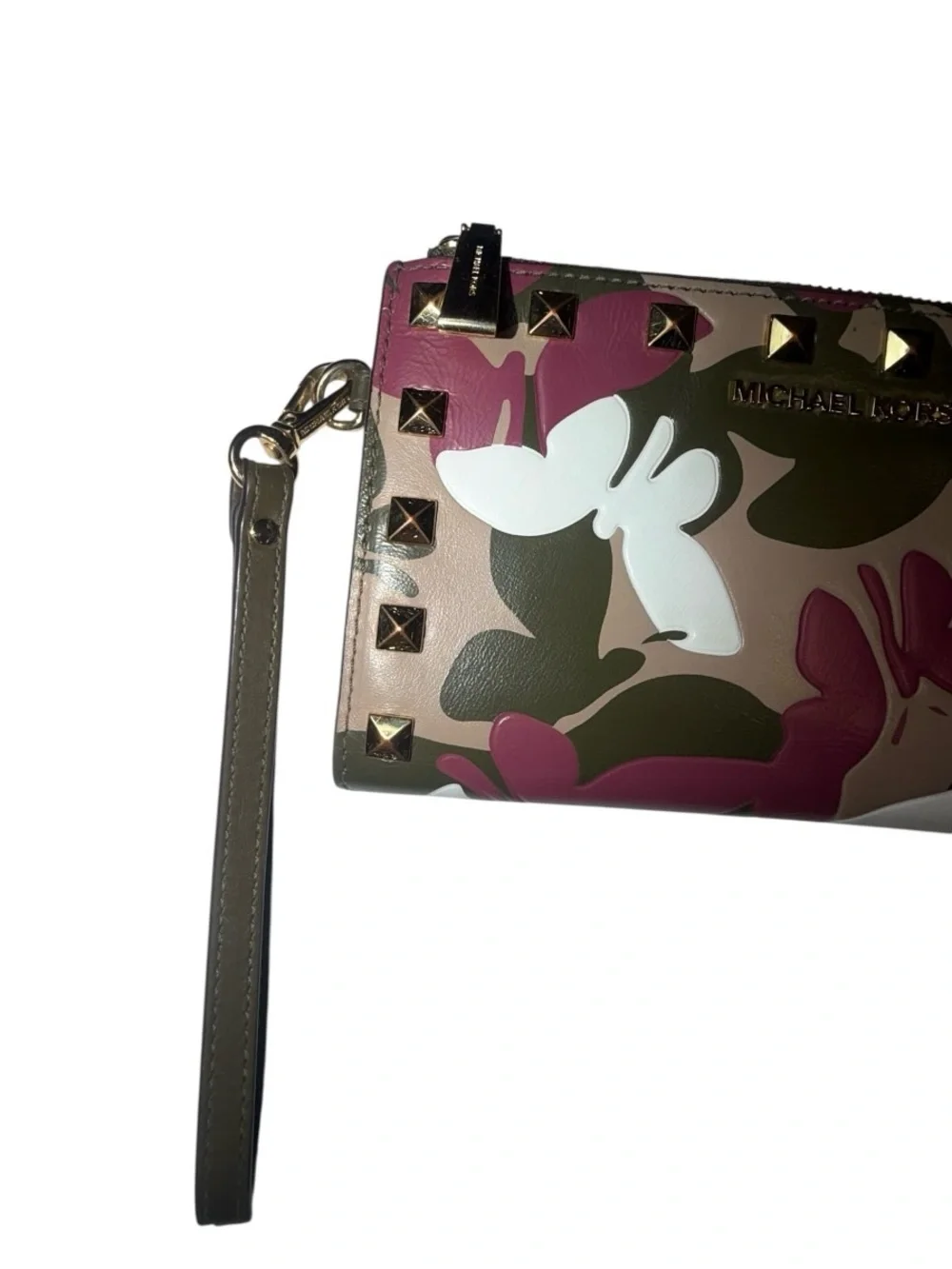 Michael Kors Camouflage Butterfly Studded Wristlet in Pink, White & Brown